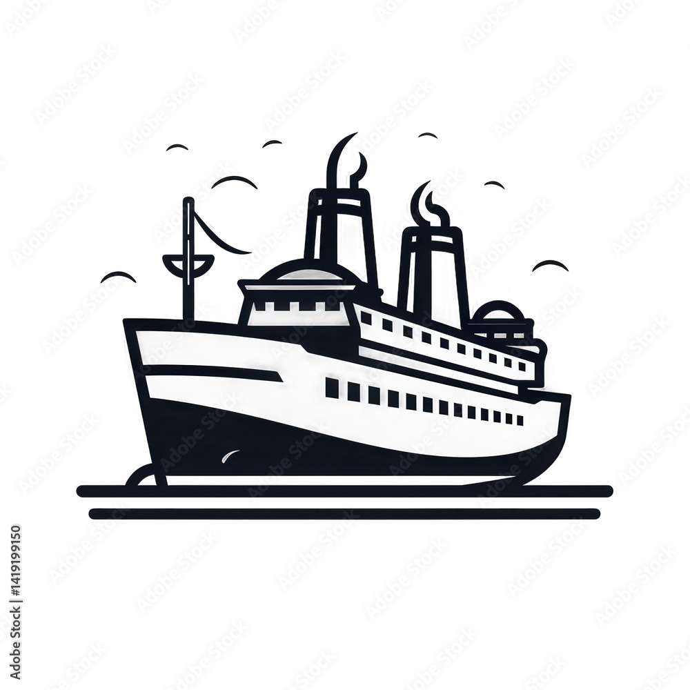 Obraz premium A stylized illustration of a large ship navigating through calm waters, with seagulls flying in the background, evoking a sense of adventure and travel , isolated on white or transparent png