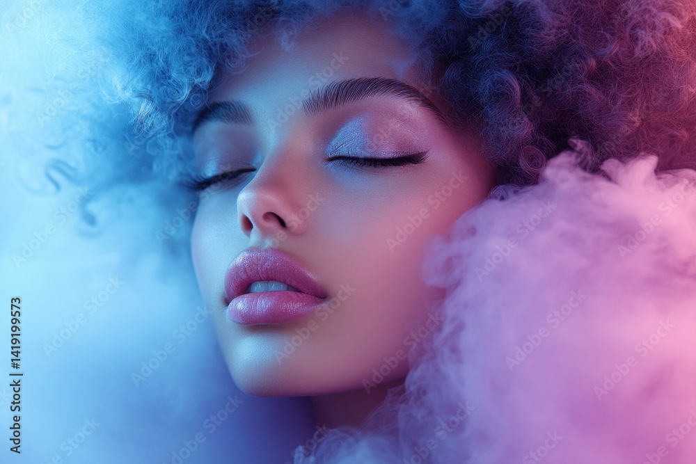Closed eyes and soft expression of a young woman surrounded by colorful smoke in a creative lighting setup Closed eyes and soft expression of a young woman surrounded by colorful smoke in a creative lighting setup