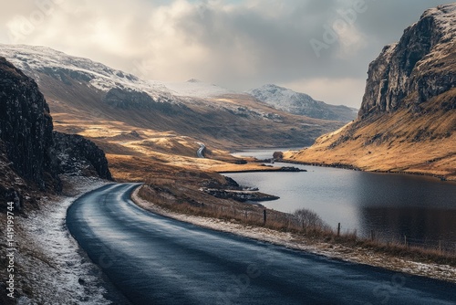 Wallpaper Mural Winding road through a valley with a lake and snowy mountains Torontodigital.ca