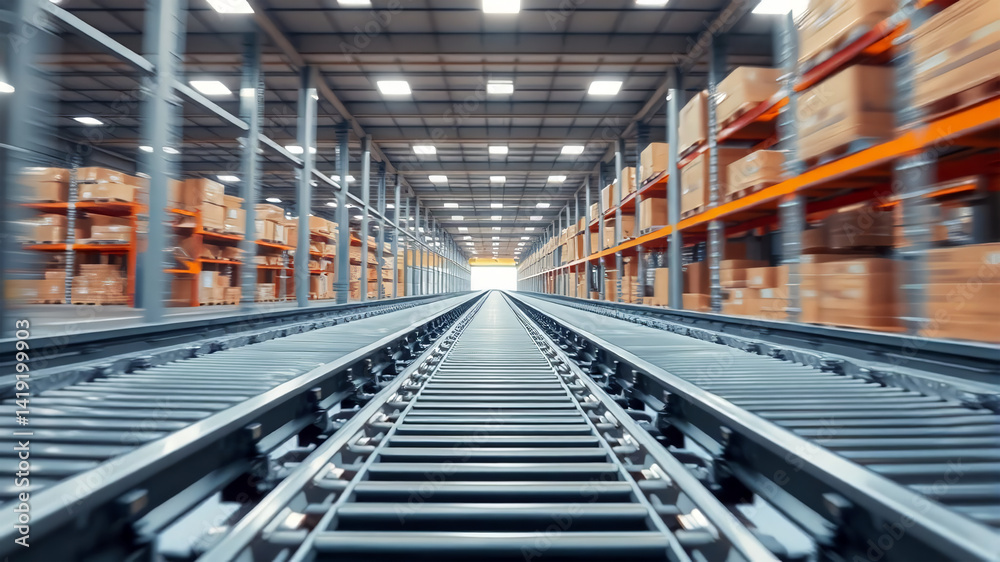 Automated transportation system in warehouse showcasing modern logistics efficiency Automated transportation system in warehouse showcasing modern logistics efficiency
