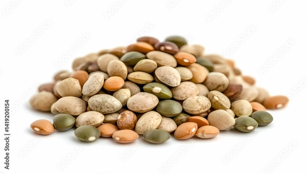 Assorted lentils pile, food photography, white background, healthy eating Assorted lentils pile, food photography, white background, healthy eating