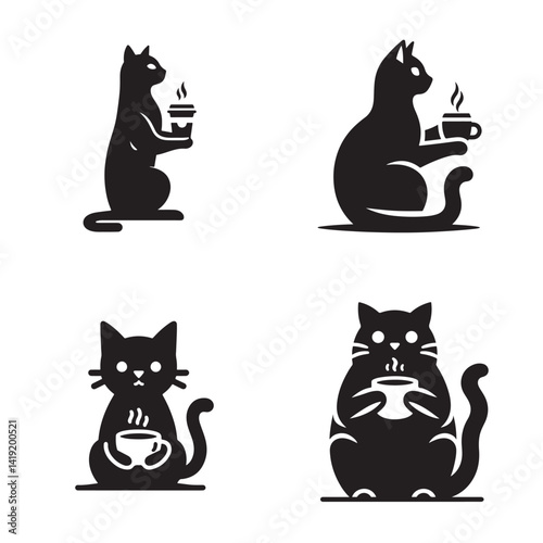 Cat Drinking Coffee Silhouette - Minimalist Black Vector for Café Logos