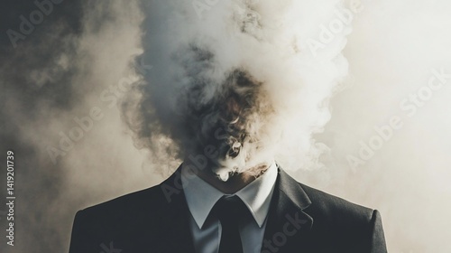 Man in suit engulfed by thick smoke, obscuring his face.