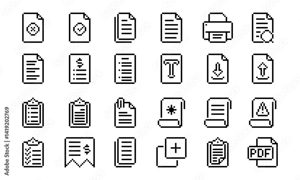 Document pixel icon set. Set of pixel icons related to document, clipboard, contract papers and more Document pixel icon set. Set of pixel icons related to document, clipboard, contract papers and more