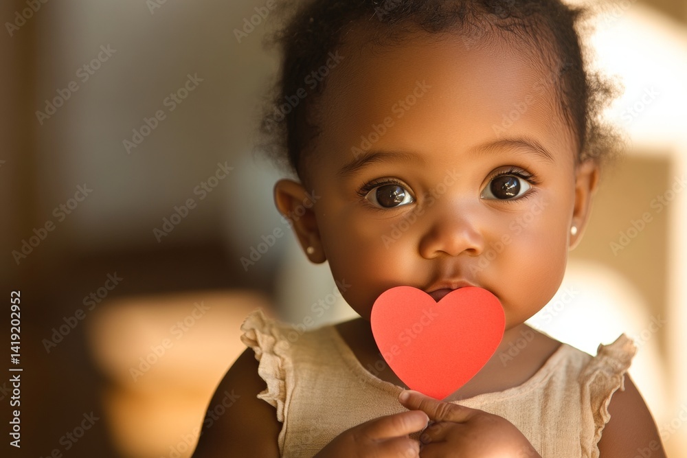 Valentine's day greeting and funny gift. Serious face cute black baby girl with small paper heart in hands. Cute baby with romantic expression. Toddler enjoying love day. Red heart background. Valentine's day greeting and funny gift. Serious face cute black baby girl with small paper heart in hands. Cute baby with romantic expression. Toddler enjoying love day. Red heart background.