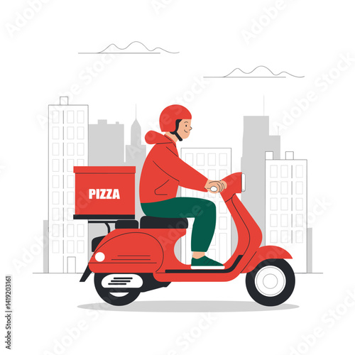 Flat vector cartoon character of a delivery man or postal employee. Fast courier for restaurant food or mail delivery service, using an electronic device to determine geolocation.