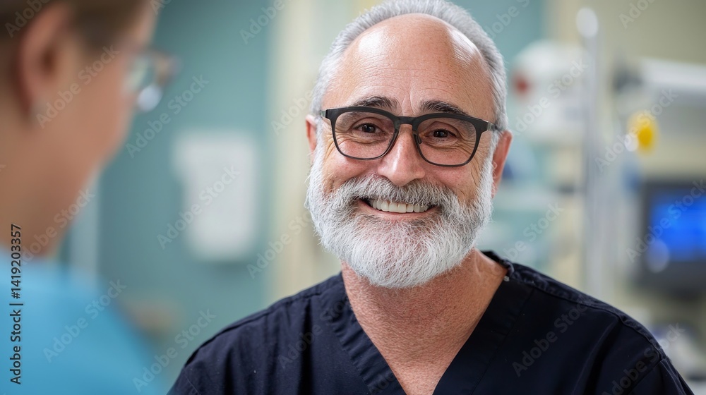 Portrait of a Smiling Correctional Officer in Scrubs Interacting with a Nurse in a Medical Setting Portrait of a Smiling Correctional Officer in Scrubs Interacting with a Nurse in a Medical Setting