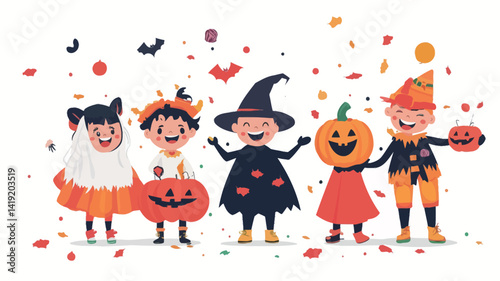A vibrant digitally rendered illustration shows five children, each wearing a unique Halloween costume. The vector art style uses bold, saturated colors and clean lines.