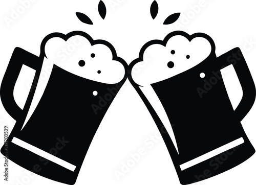 Beer mug silhouette, Two clinking frothy beer mugs icon vector
