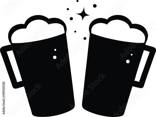 Beer mug silhouette, Two clinking frothy beer mugs icon vector