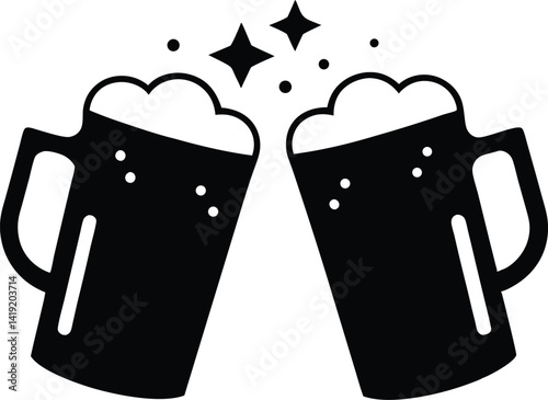 Beer mug silhouette, Two clinking frothy beer mugs icon vector