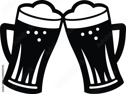 Beer mug silhouette, Two clinking frothy beer mugs icon vector