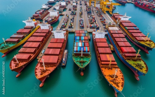 Massive Cargo Ships at a Busy Port: A Stunning Aerial View of Global Trade , aerial shot drone photo series