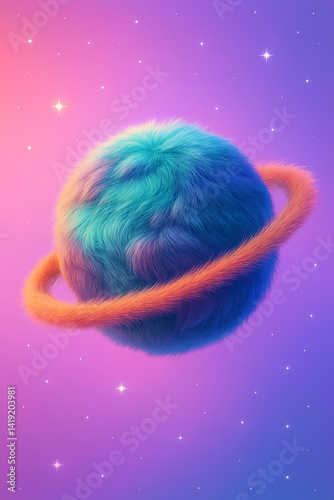 Fluffy Planet with a ring in Space