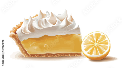 high-key studio close-up of a carefully crafted digital rendering of a lemon meringue pie slice. The pie slice is prominently displayed.