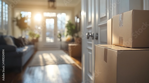 Sunlit living room with stacked cardboard boxes reflecting a modern moving day scene.