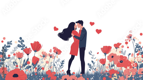 stylized vector illustration of a couple silhouetted as they hug and kiss in a field of bright red poppies. The couple is rendered in a minimalist flat design style.