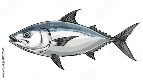 A detailed vector illustration of an albacore tuna rendered in a stylized hand-drawn style. The image shows the tuna from the side, emphasizing its streamlined shape.