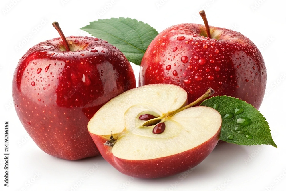 Juicy Red Apples: Macro Photography of Shiny, Crisp Fruit with Visible Seeds. High-resolution image perfect for food blogs, websites, packaging, and advertising. Showcase the vibrant color and texture