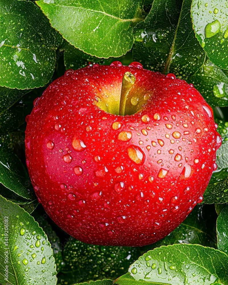 Close Up of Red Apple with Water Droplets on Green Leaves
