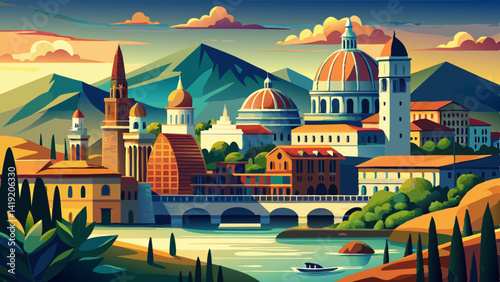 Aerial View of Sveti Tomaz Church in Skofja Loka, Slovenia – Sunset Panorama with Julian Alps