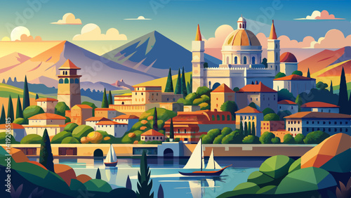 Aerial View of Sveti Tomaz Church in Skofja Loka, Slovenia – Sunset Panorama with Julian Alps