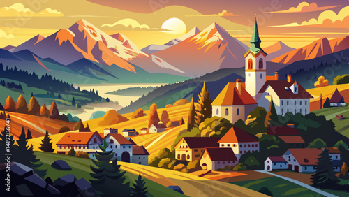 Aerial View of Sveti Tomaz Church in Skofja Loka, Slovenia – Sunset Panorama with Julian Alps