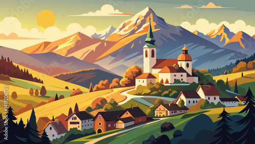 Aerial View of Sveti Tomaz Church in Skofja Loka, Slovenia – Sunset Panorama with Julian Alps