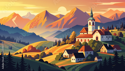 Aerial View of Sveti Tomaz Church in Skofja Loka, Slovenia – Sunset Panorama with Julian Alps