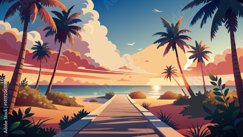 Path to Ocean on Miami Beach at Sunrise or Sunset – Vintage Nature Landscape with Retro Instagram Filter