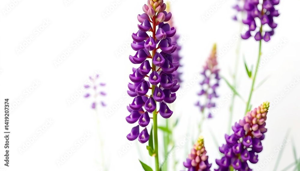 Obraz premium Vibrant purple lupine blossoms against pure white background, image, design element