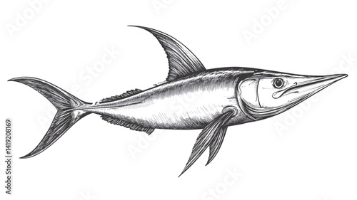 A detailed monochrome line drawing of a swordfish. The illustration shows the fish's elongated bill, muscular body, and large pectoral fins. The style is reminiscent of vintage.