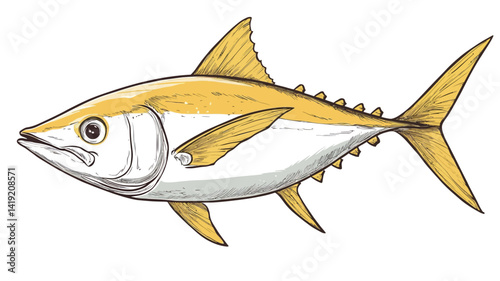 A detailed illustration of a yellowfin tuna, drawn in a style similar to colored pencils or crayons. The fish is shown in profile, showing its features.