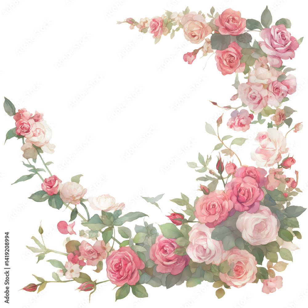 Romantic Watercolor Rose Frame With Pink Blossoms On White Background