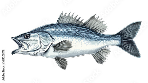 A meticulously rendered illustration of a Japanese sea bass, set against a plain white background. This piece displays extraordinary detail.