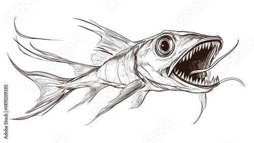 detailed monochrome illustration of a predatory fish drawn in a stylized line art style. The image features contrasting light and dark areas that highlight texture and shape.
