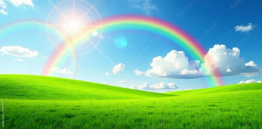 Vibrant rainbow over lush green field, perfect for summer designs, summer, rainbow, landscape Vibrant rainbow over lush green field, perfect for summer designs, summer, rainbow, landscape
