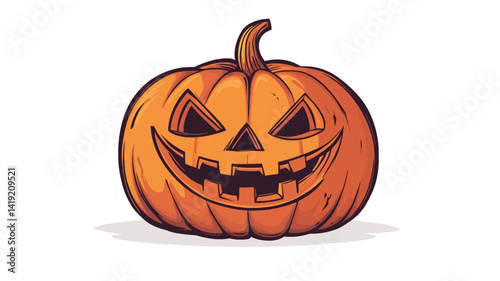 A digital illustration depicts a carefully carved Halloween pumpkin rendered in vibrant shades of orange. The pumpkin's shape is realistically depicted, with subtle shading suggesting otherwise.