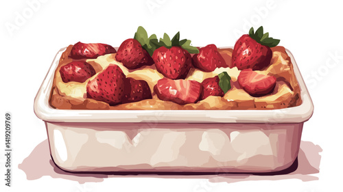 A high angle close-up depicts a rectangular white baking dish filled with pale yellow custard and topped with many halved and whole fresh strawberries. The strawberries are presented in bright colors.