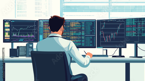 A stylized vector illustration of a man sitting at his desk in a modern office from behind. He is concentrating on multiple large computer monitors showing complex financial charts and graphs.