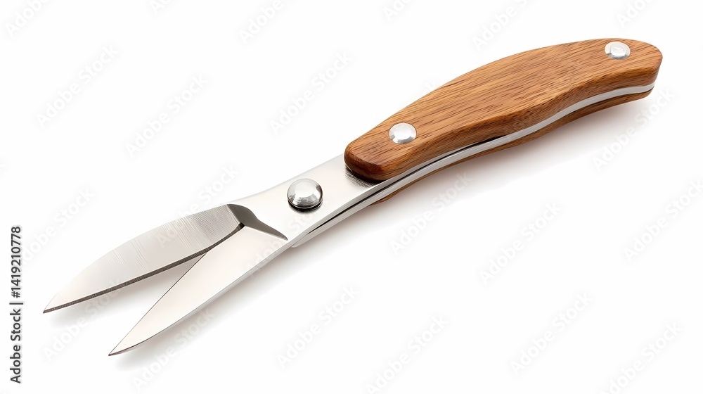 Fototapeta premium Small wooden handled shears, isolated, white background, kitchen utensil
