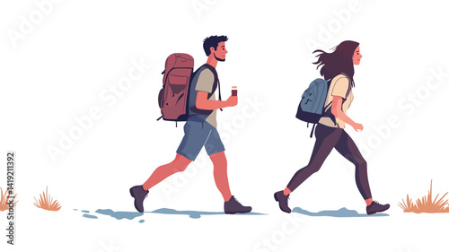 A stylized vector illustration of a man and woman hiking, rendered in a simplified flat style and pastel tones, with the man slightly forward.