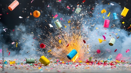 Dramatic scene of a fireworks factory detonation with intense bursts of colorful flames and smoke spreading chaotically across the night sky