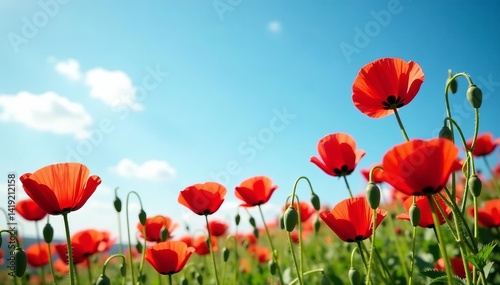 Vibrant red poppies dancing in the wind under clear blue skies, colorful, poppy field, spring