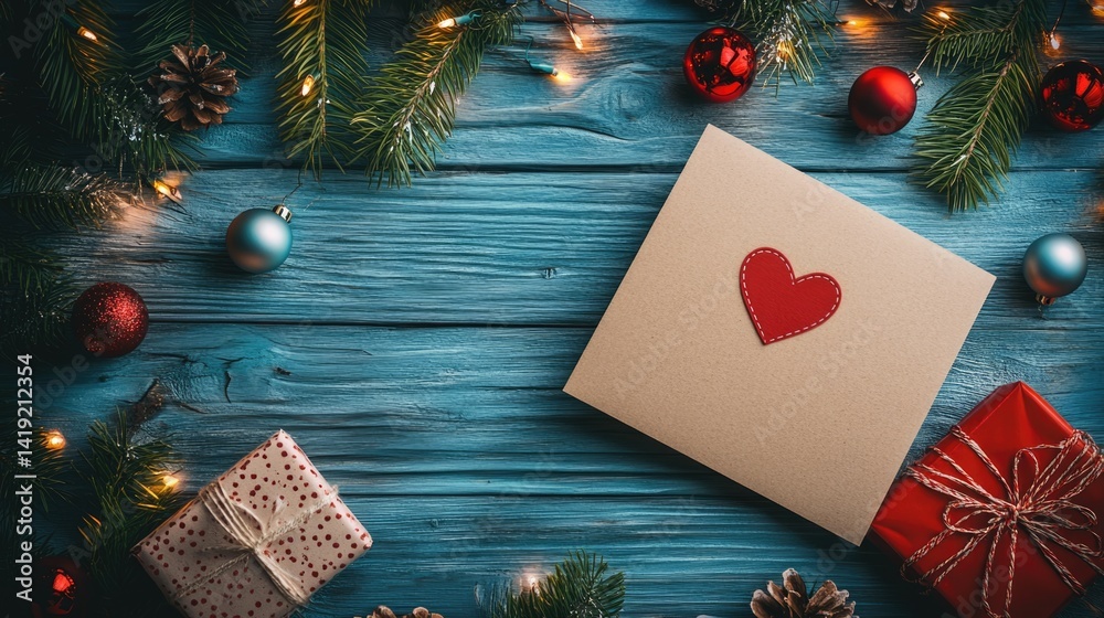 A festive display features wrapped gifts and a card with a heart, surrounded by Christmas decorations and greenery on a wooden tabletop