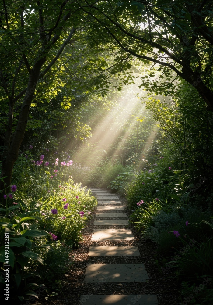 Obraz premium Sunlit Garden Path with Stone Steps