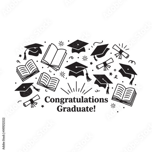 Modern Graduation Illustration Vector Bundle for Crafting, Invitations, and Marketing Featuring Cap, Diploma, book, and Decorative Accents