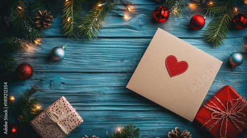 Obraz na płótnie A festive display features wrapped gifts and a card with a heart, surrounded by Christmas decorations and greenery on a wooden tabletop w salonie