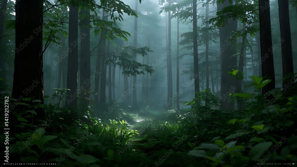 Naklejka premium A dense forest during a gentle rain with water droplets clinging to vibrant green leaves, weather