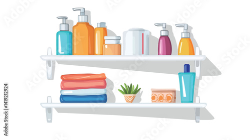 A digital rendering depicts a white double-tiered shelf set against a stark white background, with an assortment of brightly coloured toiletries displayed on the shelves.